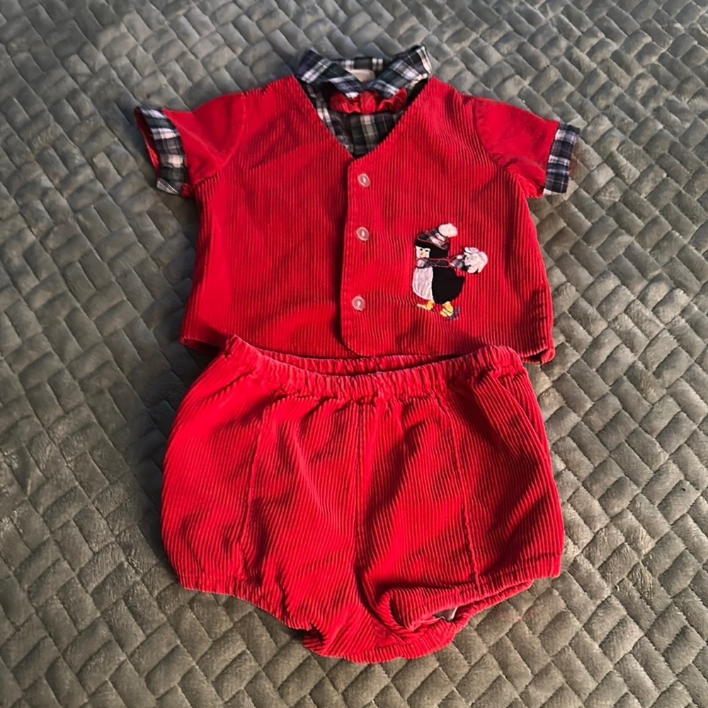 Vintage 12m 2 piece corduroy Red & plaid Baby boy Outfit with Penguin Design